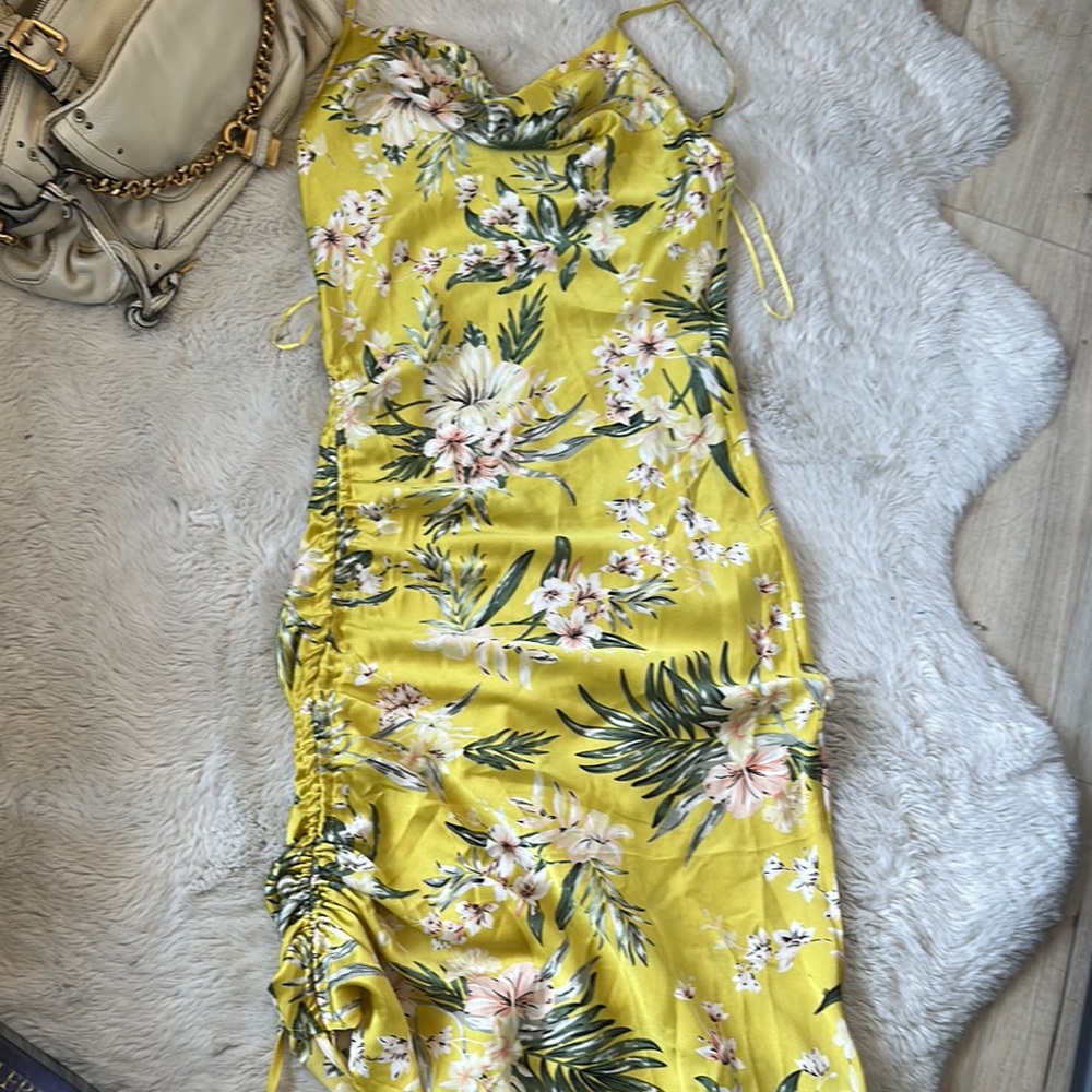 NWOT MARBLE Yellow Ruched Spaghetti Strap Midi Dress